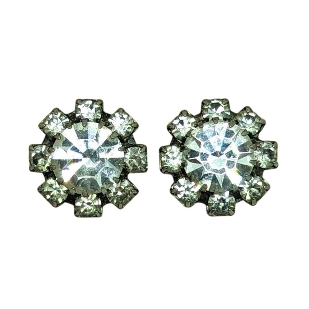 Vintage Rhinestone Clip-On Earrings Round Starburst Design Silver-Tone Metal